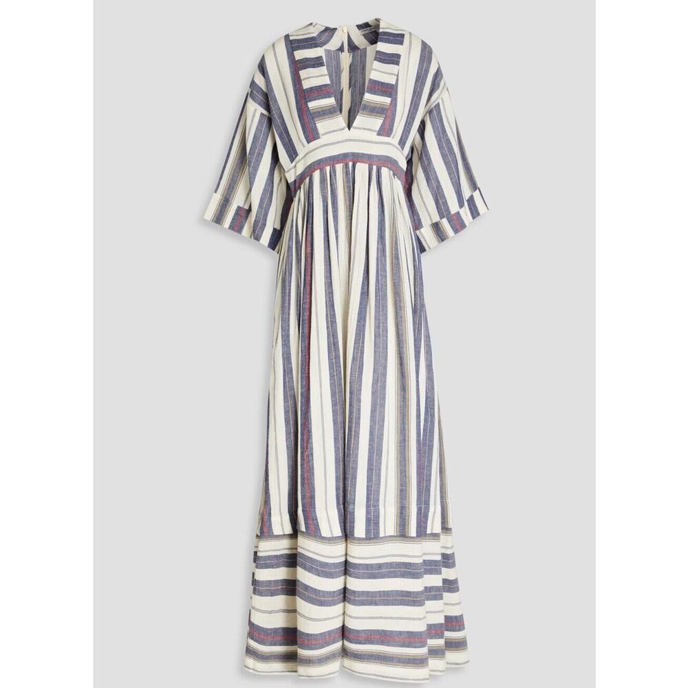 Three Graces London Ferrer Tan Blue Red Stripe Short Cuff Sleeve V-Neck Dress 10 - Picture 3 of 16